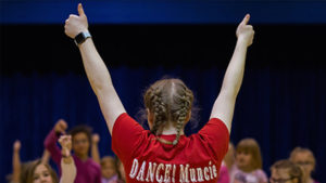 Alexandria Koontz, Ball State University junior double major in dance and psychology, gives her South View Elementary School students two thumbs up while instructing them in the weekly dance class that she leads at the school. Koontz and nine other Ball State students each have been assigned to a specific Muncie Community School elementary school and teach about 20 students each week as part of an immersive learning project titled "DANCE! Muncie After-School" at Ball State. Photo provided.