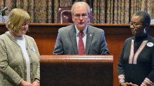 Mayor Dennis Tyler is pictured during the proclamation of National Library Week with MPL Director, Akilah Nosakhere (R) and MPL Assistant Director, Beth Kroehler (L) during a brief ceremony this week at City Hall. Photo provided.