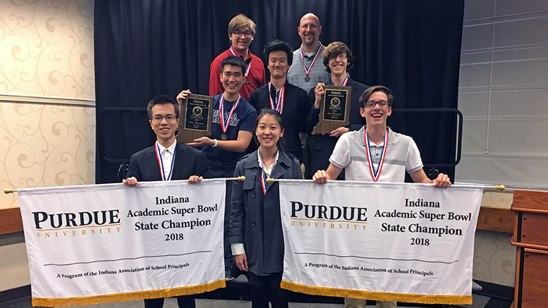 Indiana Academy's winning science and math teams are pictured with coach Joshua Ruark. Photo provided.