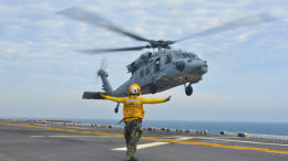 An MH-60S Knighthawk, assigned to Helicopter Sea Combat Squadron 28, prepares to land on the flight deck of amphibious assault ship USS Iwo Jima (LHD 7).U.S. Navy photo by Petty Officer 3rd Class Evan A. Denny