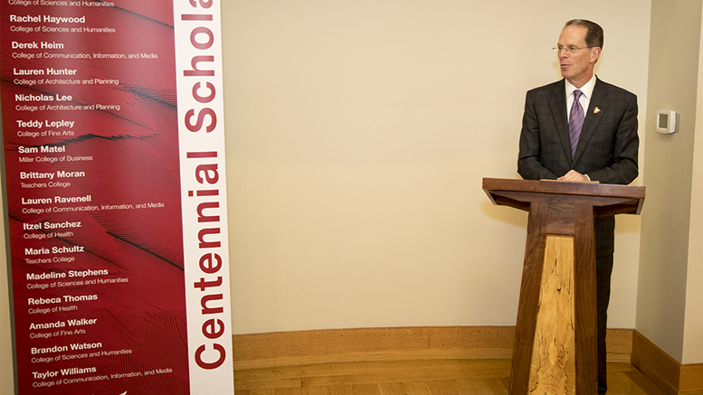 Ball State University President Geoffrey S. Means addresses 18 high-achieving college students during a luncheon hosted by Indiana’s First Lady Janet Holcomb. Photo provided.