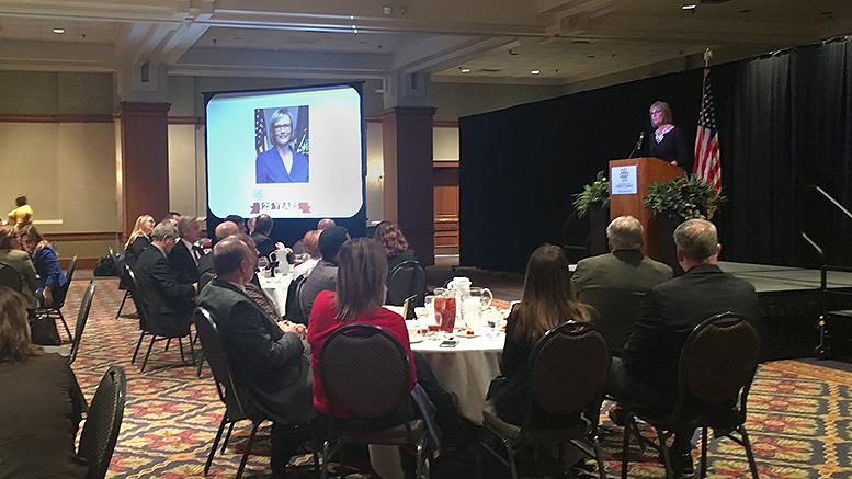 Lt. Governor Suzanne Crouch is pictured speaking at the Horizon Convention Center on February 20th. Photo courtesy of Muncie-Delaware County Chamber of Commerce