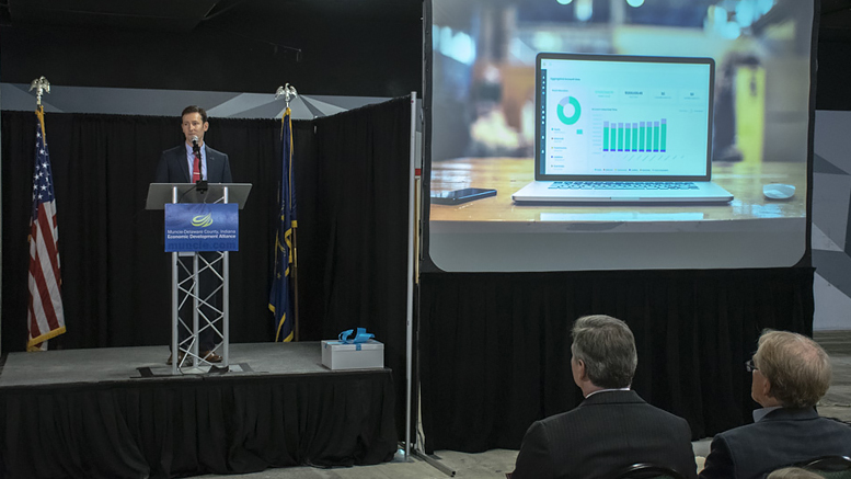 Adam Unger, Accutech Systems president, makes remarks during a news conference announcing that the company will move its headquarters to downtown Muncie. Photo by: Mike Rhodes