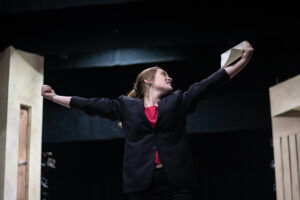 Ingrid Schwartz, sophomore musical theatre option, rehearses her role of Malvolio. Photo provided