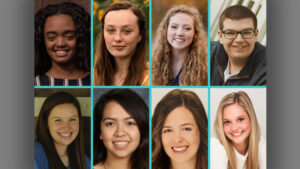 Pictured: Edom Alemayehu, Sarah Bailey, Ashlyn Craig, Ethan Crump (top row, left to right) Laurynn Gooding, Amelia Oñate, Alexis Quirk, Emma Schuck (bottom row, left to right)