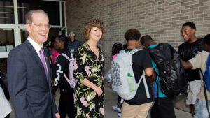 Geoffrey S. Mearns and Lee Ann Kwiatkowski greet students on the first day of school last year at Northside Middle School. Photo by: Mike Rhodes