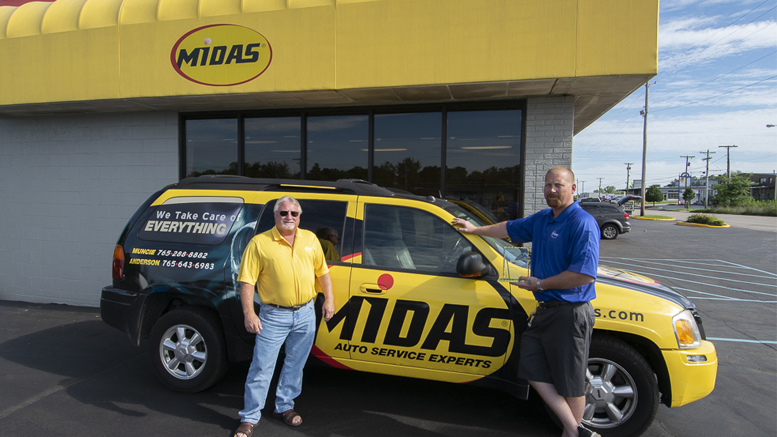 Pictured L-R: Jack Surface and Mike Hylton outside of the Midas Shop on Broadway in Muncie. Photo by: Mike Rhodes