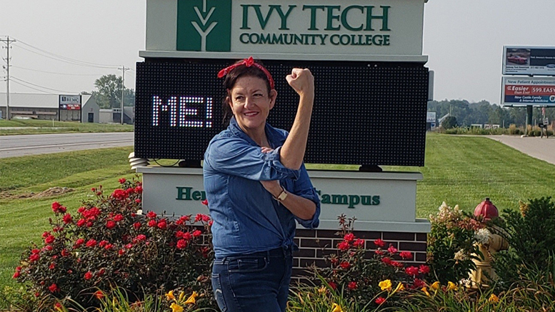 Jeannie Hamblin Fox, co-chair for 2020 fundraising campaign for United Way of Delaware, Henry and Randolph Counties, poses as “Rosie the Riveter.” Fox is site director for the Ivy Tech Henry County campus.