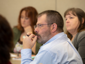 Jason Newman, CEO of Boys and Girls Clubs of Muncie, listens during the pilot CORE Fundraising training, hosted by The Community Foundation of Muncie and Delaware County with support from United Way of Delaware, Henry and Randolph Counties and Ball Brothers Foundation. The program will continue in 2021 with support of the Community Leadership Grant funded by Lilly Endowment Inc.