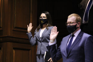 State Rep.-elect Elizabeth Rowray (R-Yorktown) (left) takes the oath of office during Organization Day Tuesday, Nov. 17, 2020, at the Statehouse. Rowray will serve House District 35 in the General Assembly, which includes portions of Delaware and Madison counties.