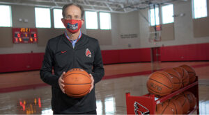 BSU President Geoffrey Mearns is pictured sporting his March Madness mask. Watch his video message at the bottom of this article. Photo provided by Ball State Athletics.