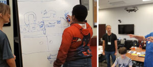 Left: Students designing their business prototype. Right: Students learned how to program a drone's flight.