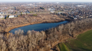 An aerial view of the property and lake as photographed on December 4, 2020. Photo by Mike Rhodes