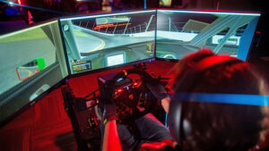 Racing simulator equipment that is available for and used by Ball State students. Photo provided by BSU.