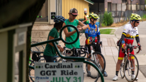 The Community Foundation of Muncie and Delaware County awarded $974,435 in Community Grants during the first quarter of 2023, including a $35,000 grant to Cardinal Greenway Inc. to support the cost of operations. Pictured, bicyclists gather at the Cardinal Greenway Depot for a ride on the trail.