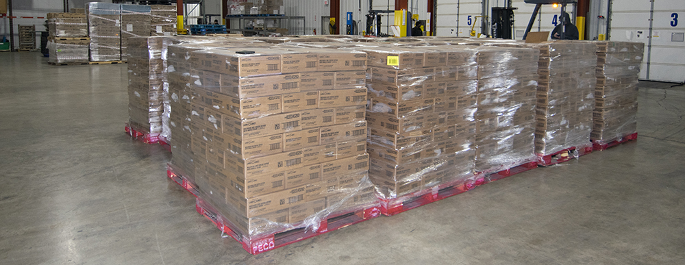 What 40,000 pounds of Mac & Cheese looks like on pallets. Photo by Mike Rhodes