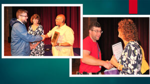 Andrew Hacker is photographed with Dr. Kwiatkowski and school board member WaTasha Barnes Griffin; Horner is photographed with Dr. Kwiatkowski.