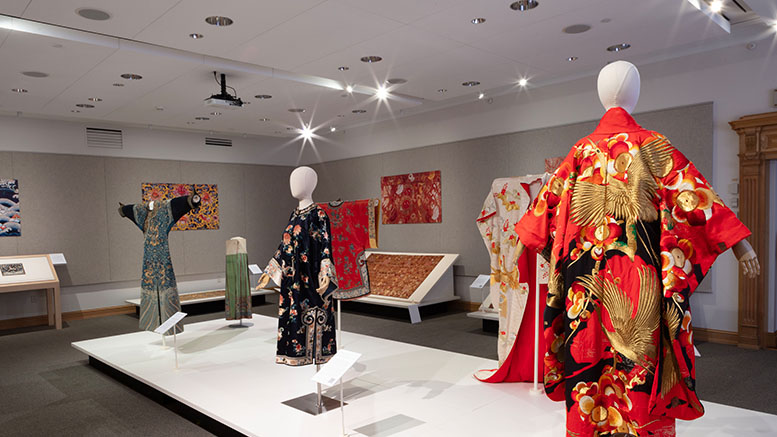 Installation shot of Fibers of Being: Textiles from Asia in the David Owsley Museum of Art's Collection. Savannah Calhoun, photographer.