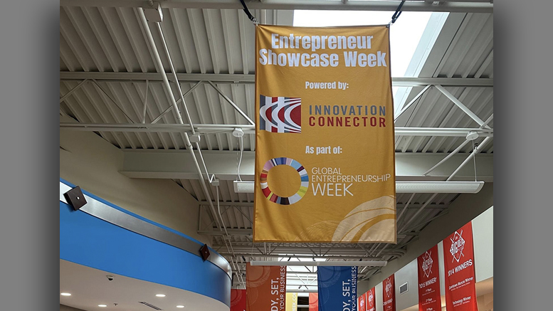 A brand new Showcase Week banner is pictured hanging in the lobby of the Innovation Connector. Photo by the Innovation Connector.