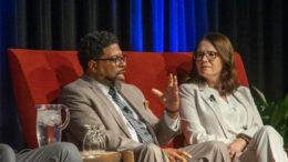 Lathay R. Pegues and Elizabeth Roway are pictured during the panel discussion portion of the program. Photo by Mike Rhodes