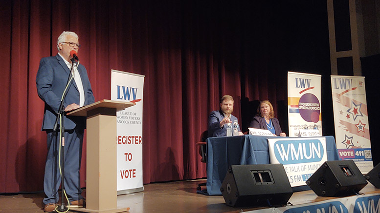 Steve Lindell is pictured moderating the 6th District candidate forum. Photo provided by Sean Mattingly.