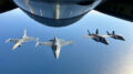 From left, two U.S. Air Force F-16C Fighting Falcons assigned to the 177th Fighter Wing, New Jersey Air National Guard, and two F-35 Lightning II aircraft assigned to the 158th Fighter Wing, Vermont Air National Guard, follow a KC-135 Stratotanker refueler aircraft assigned to the 171st Air Refueling Wing, Pennsylvania Air National Guard, to perform a routine aerial refueling mission on Oct. 9, 2024, off the coast of Atlantic City, New Jersey. The aircraft flew during "Devilsmoke” 2024, a three-day dogfighting competition organized by the 119th Fighter Squadron's 'Jersey Devils', which included F-15C Eagles from the 104th Fighter Wing of the Massachusetts ANG, A-10 Thunderbolt IIs from the 175th Wing of the Maryland ANG, and F-22 Raptors from the 1st Fighter Wing, Joint Base Langley-Eustis, Virginia. “Devilsmoke” 2024 also received aerial refueling support from tankers with the 108th Wing of the New Jersey ANG and the 101st Air Refueling Wing of the Maine ANG. Dogfighting is a core skill that all fighter pilots must master, and flying against dissimilar aircraft offers valuable experience for fighter pilots. U.S. Air National Guard courtesy photo by Tech. Sgt. James Norman.