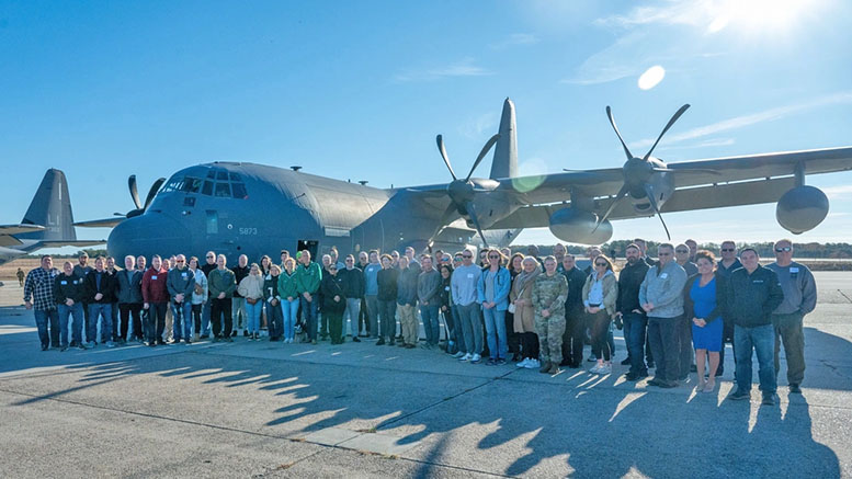 Fifty-eight civilian employers from 28 different companies of New York Air National Guard Airmen from the 106th Rescue Wing stand in front of an HC-130J Combat King II search and rescue aircraft at Francis S. Gabreski Air National Guard Base, Westhampton Beach, N.Y., Nov. 2, 2024. The employers participated in an Employer Support of Guard and Reserve 'Boss Lift,' learned about the wing’s critical search and rescue mission and the role their Guard members play in the mission. Photo by Tech. Sgt. Kevin Donaldson, 106th Rescue Wing