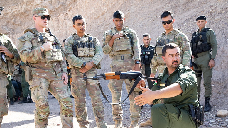 U.S. Army Soldiers of 1st Battalion, 181st Infantry Regiment, 44th Infantry Brigade Combat Team, assigned to Combined Joint Task Force - Operation Inherent Resolve, conduct a training exercise alongside members of the Asayish in the Iraqi Kurdistan Region, Sept. 30, 2024. The Asayish are the security and intelligence force operating in the Iraqi Kurdistan Region. U.S. Army photo by Staff Sgt. Bruce Daddis