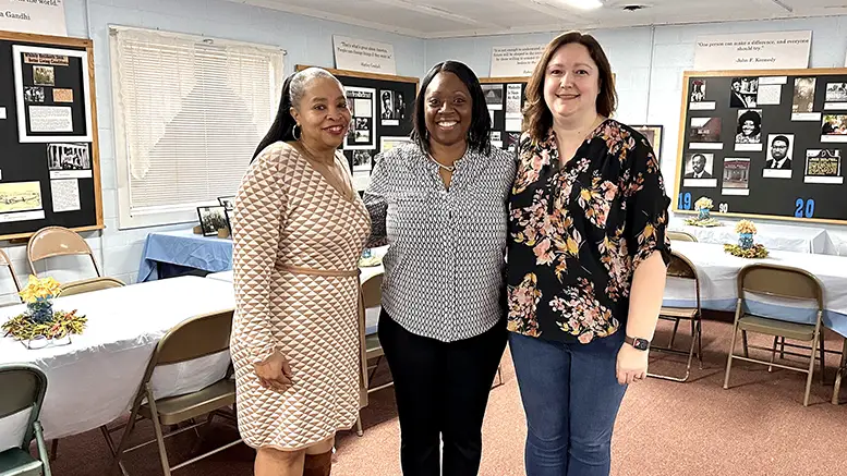 Tenisha Harris, MPL Connection Corner Manager, meets with Pastor Rosalind Morris, Shaffer Chapel AME Church, and Sara McKinley, Carnegie Library Manager and MPL Archivist, to discuss the digital collection project. Photo by Spenser Querry, Webmaster & Social Media Specialist, Muncie Public Library.