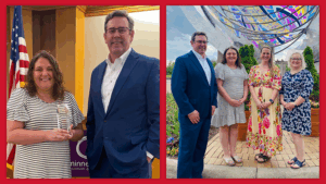 Maleah Parrish, a first-grade teacher at Daleville Elementary School, received the Ball Brothers Foundation's Excellence in Teaching Award from Jud Fisher (left); Jud Fisher stands beside the Excellence in Teaching Award finalists in front of the Catalyst sculpture at Minnetrista (right). Photo provided.