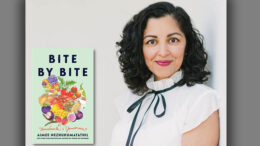 Aimee Nezhukumatathil, author, is shown with the book cover of, Bite by Bite Nourishments and Jamborees. Photo provided.