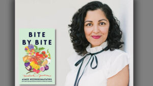 Aimee Nezhukumatathil, author, is shown with the book cover of, Bite by Bite Nourishments and Jamborees. Photo provided.