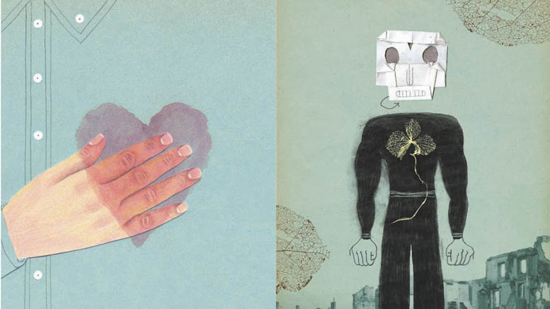 LEFT: Nora Krug Hand with Heart: Nora Krug, Hand with Heart, 2021, Illustration for On Tyranny: Twenty Lessons from the Twentieth Century by Timothy Snyder, Ten Speed Press, 2021. Mixed media and collage on paper, Collection of Nora Krug ©2021 Nora Krug--- RIGHT: Nora Krug Skeleton Man: Nora Krug, Skeleton Man, 2021, Illustration for On Tyranny: Twenty Lessons from the Twentieth Century by Timothy Snyder, Ten Speed Press, 2021. Mixed media and collage on paper, Collection of Nora Krug ©2021 Nora Krug
